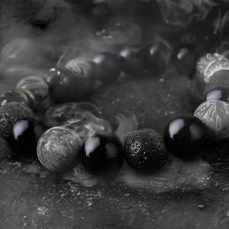 KarmaRipple's Black Obsidian Lava Rock Stone Yin Yang Strength Bracelet p8