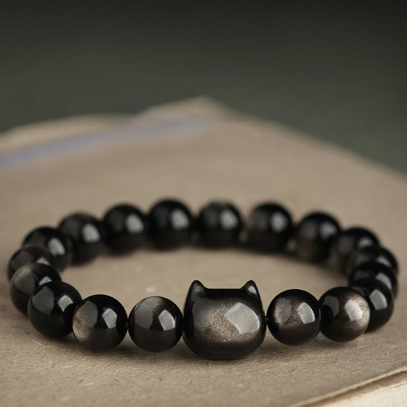 KarmaRipple's Gold Sheen Obsidian Silver Sheen Obsidian Lovely Paw Fortunate Cat Protection Bracelet p21