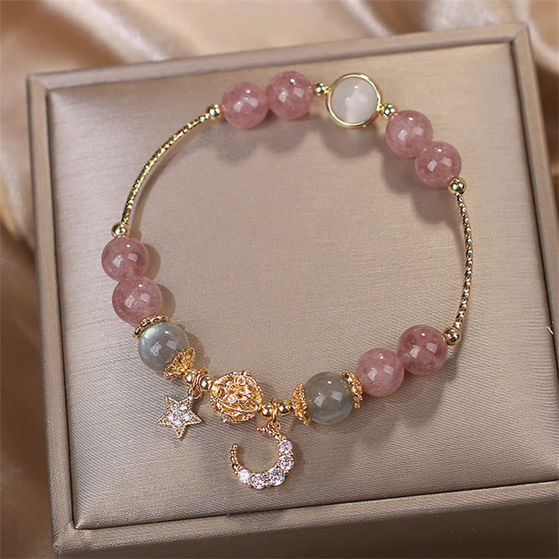 KarmaRipple's Strawberry Quartz Moonstone Moon Star Love Bracelet p1