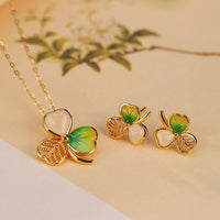 KarmaRipple's 925 Sterling Silver Plated Gold Hetian Jade Fortune Shamrock Clover Pendant Necklace Earrings