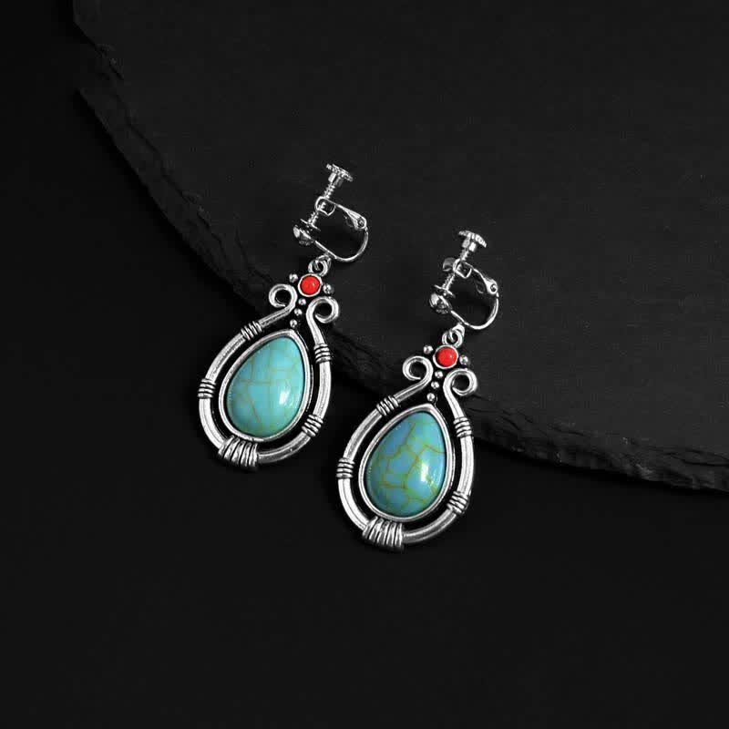 KarmaRipple's Tibet Vintage Turquoise Waterdrop Strength Drop Dangle Earrings Clips p2