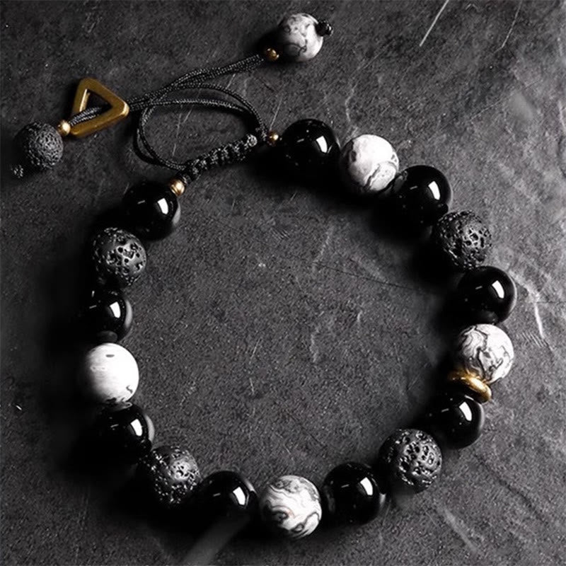 KarmaRipple's Black Obsidian Lava Rock Stone Yin Yang Strength Bracelet p16