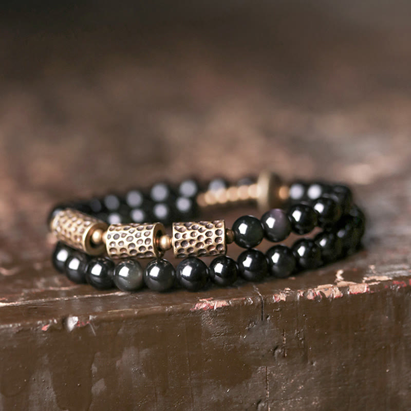 KarmaRipple's Rainbow Obsidian Bronze Love Double Wrap Bracelet p5