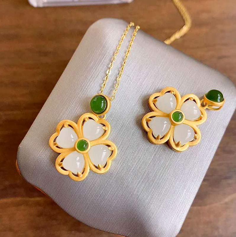 KarmaRipple's 925 Sterling Silver Fortunate Four Leaf Clover Jade Prosperity Pendant Chain Necklace p12