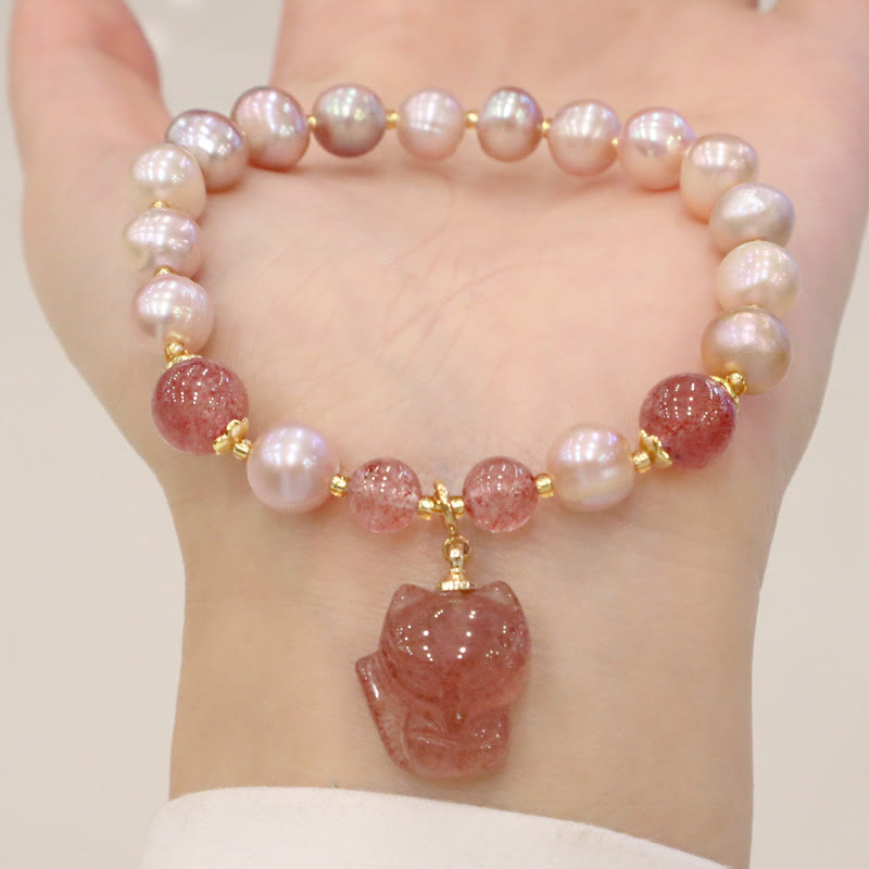 KarmaRipple's Authentic Pearl Strawberry Quartz Cute Fox Love Balancing Talisman Bracelet p1