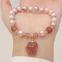 KarmaRipple's Authentic Pearl Strawberry Quartz Cute Fox Love Balancing Talisman Bracelet