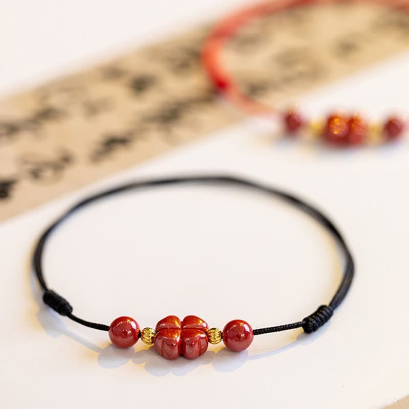 KarmaRipple's Four Leaf Clover Cinnabar Blessing Calm String Bracelet Anklet p23