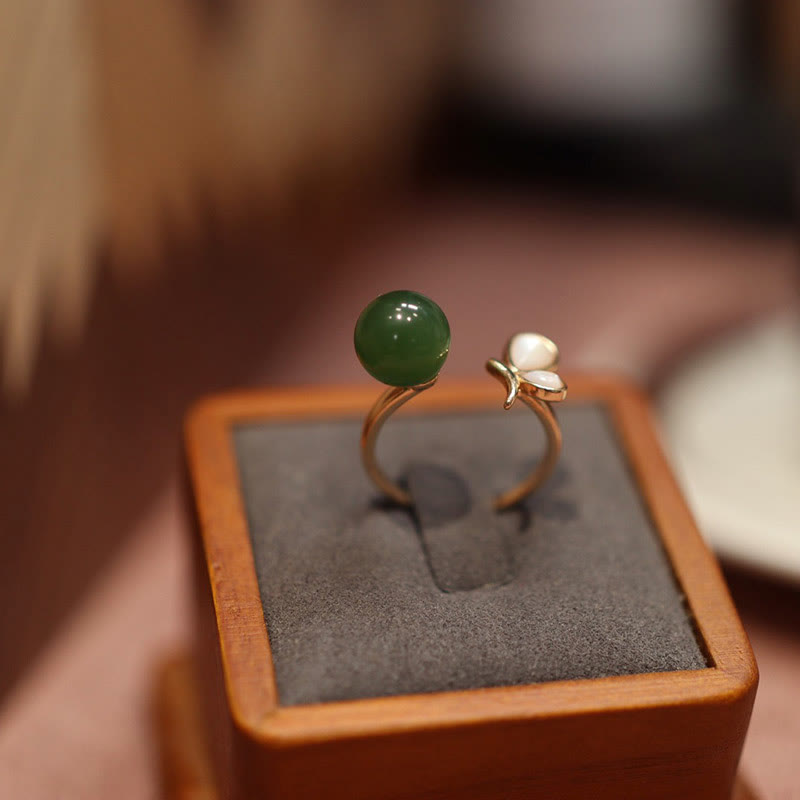 KarmaRipple's Authentic Butterfly Tridacna Stone Cyan Jade Bronze Plated Gold Calm Pendant Necklace Ring Earrings Set p3