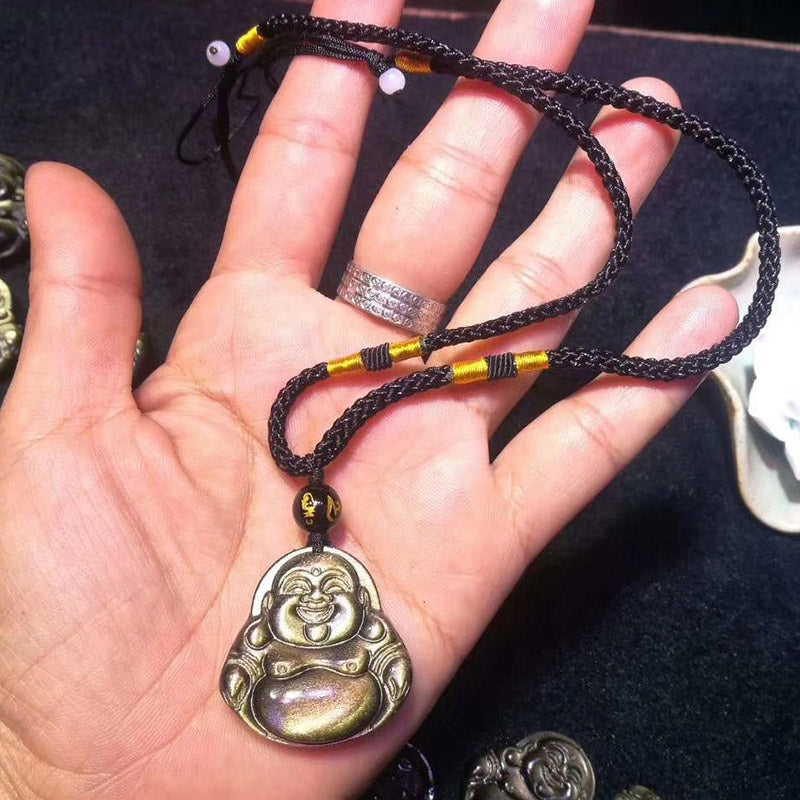 KarmaRipple's Laughing Buddha Gold Sheen Obsidian Wealth Pendant Necklace p2