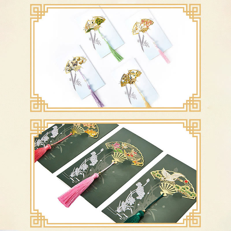 KarmaRipple's Traditional Butterfly Lotus Flower Crane Dragon Phoenix Fox Koi Fish New Beginning Metal Brass Hollow Fan Bookmarks p26