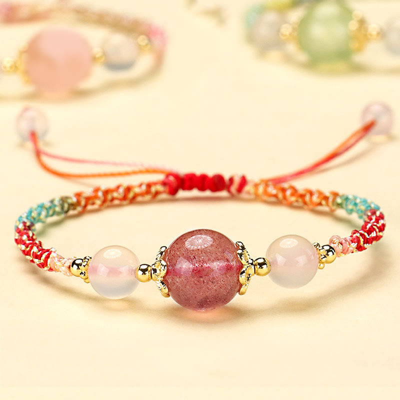 KarmaRipple's Strawberry Quartz Pink Gemstone Prehnite Ivory Agate Bead Balancing Rope Bracelet p18