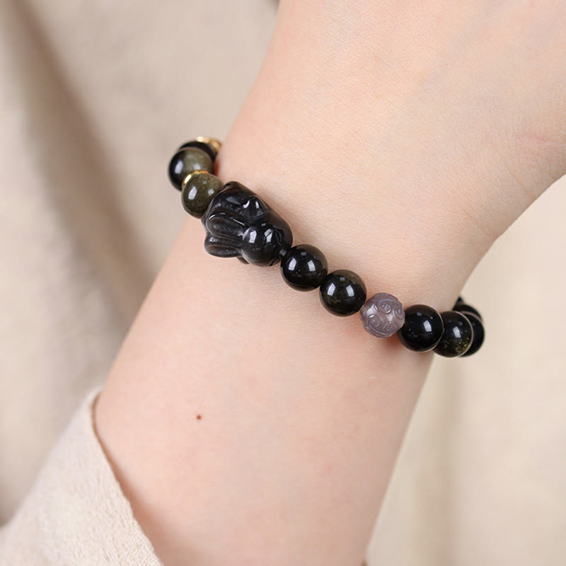 KarmaRipple's Gold Sheen Obsidian Black Obsidian Silver Sheen Obsidian Cute Rabbit Protection Bracelet p11