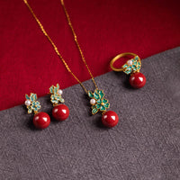 KarmaRipple's 925 Sterling Silver Plated Gold Cinnabar Pearl Flower Blessing Pendant Necklace Earrings Ring Set