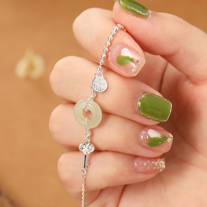 KarmaRipple's 925 Sterling Silver Hetian Jade Peace Buckle Fu Character Fortune Chain Bracelet p4