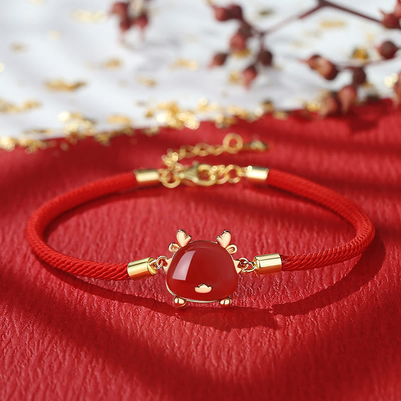 KarmaRipple's 925 Sterling Silver Year of the Dragon Authentic Hetian Jade Red Agate Cute Dragon Protection Success Bracelet Pendant Necklace Earrings ( p4