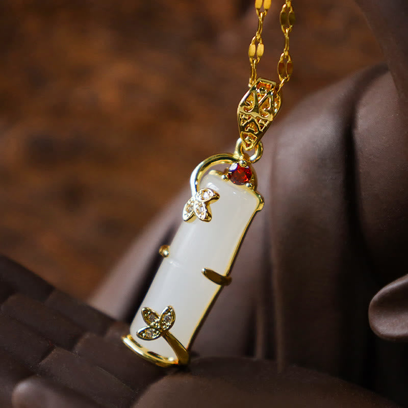 KarmaRipple's Ivory Jade Cyan Jade Bamboo Fortune Protection Pendant Necklace p10