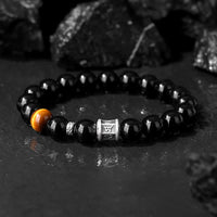 KarmaRipple's 999 Sterling Silver Black Obsidian Tiger Eye Om Mani Padme Hum Fulfillment Bracelet
