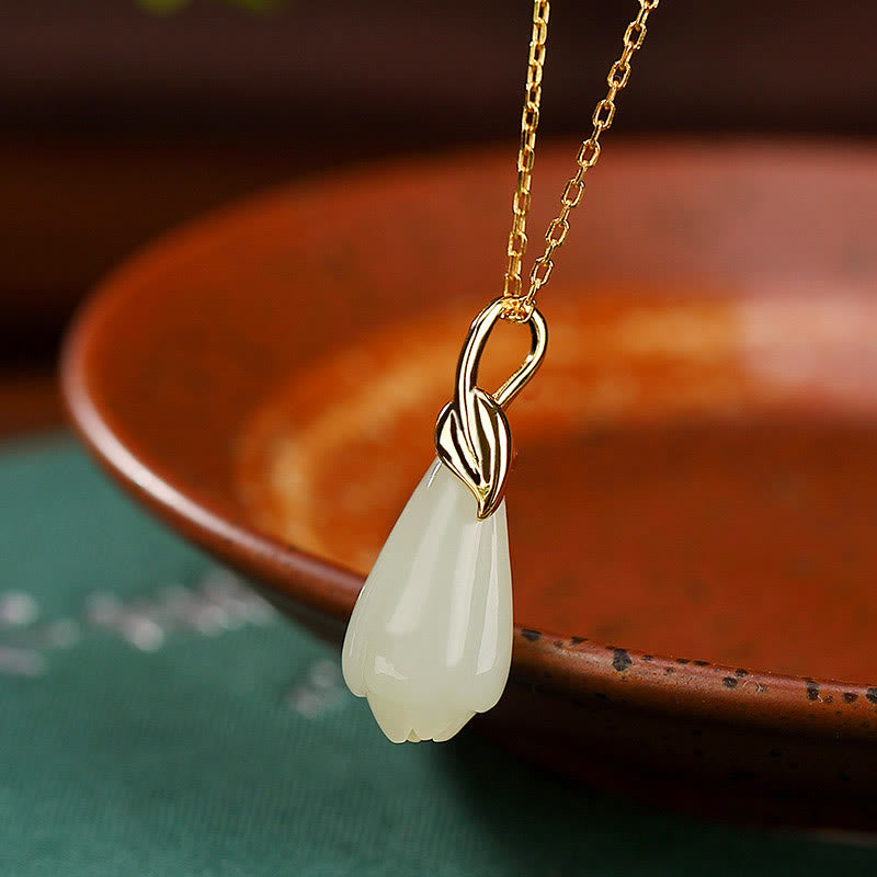KarmaRipple's 925 Sterling Silver Plated Gold Authentic Hetian Jade Magnolia Flower Abundance Pendant Necklace p2